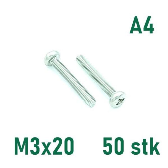 Hovedbilde M3x20 Maskinskrue 50 stk Panhode Syrefast A4