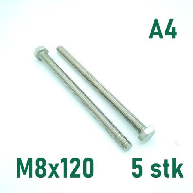 Hovedbilde M8x120 Sekskantskrue 5 stk  Syrefast A4
