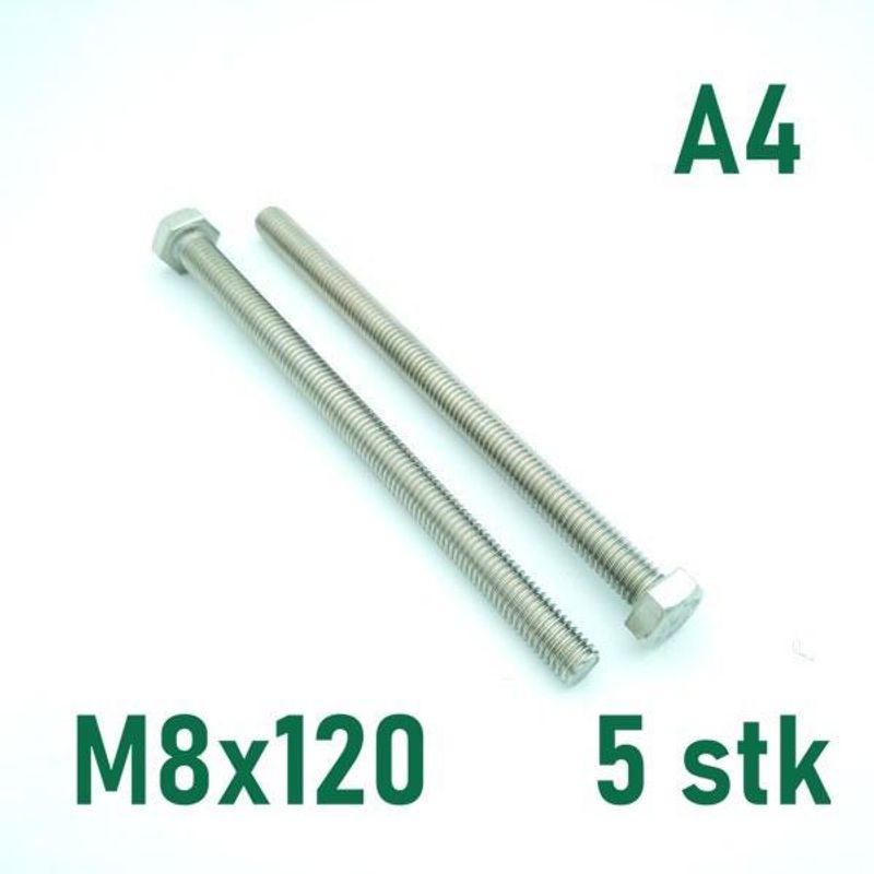 M8x120 Sekskantskrue 5 stk  Syrefast A4