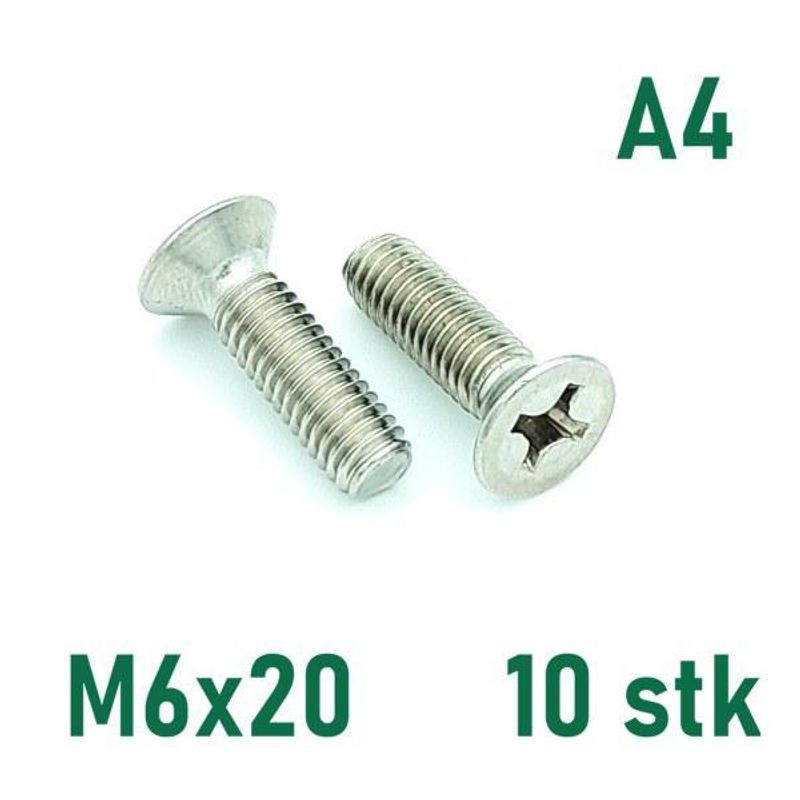 M6x20 Maskinskrue 10 stk Senkehode Syrefast A4