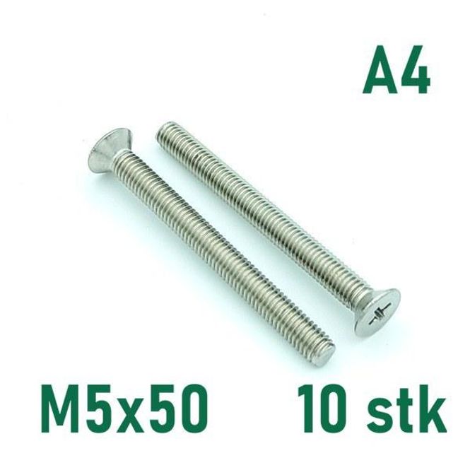 Hovedbilde M5x50 Maskinskrue 10 stk Senkehode Syrefast A4