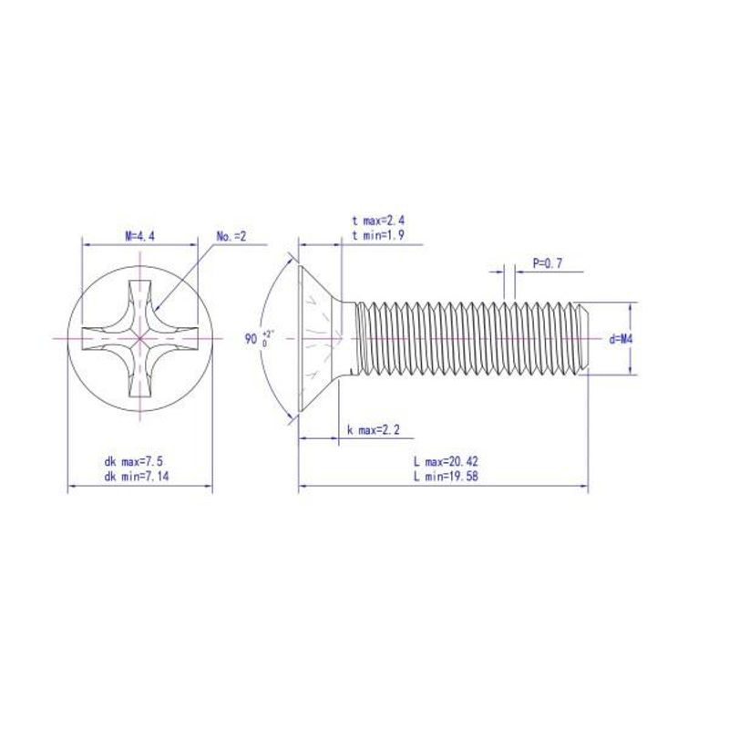 M4x20 Maskinskrue 10 stk Senkehode Syrefast A4