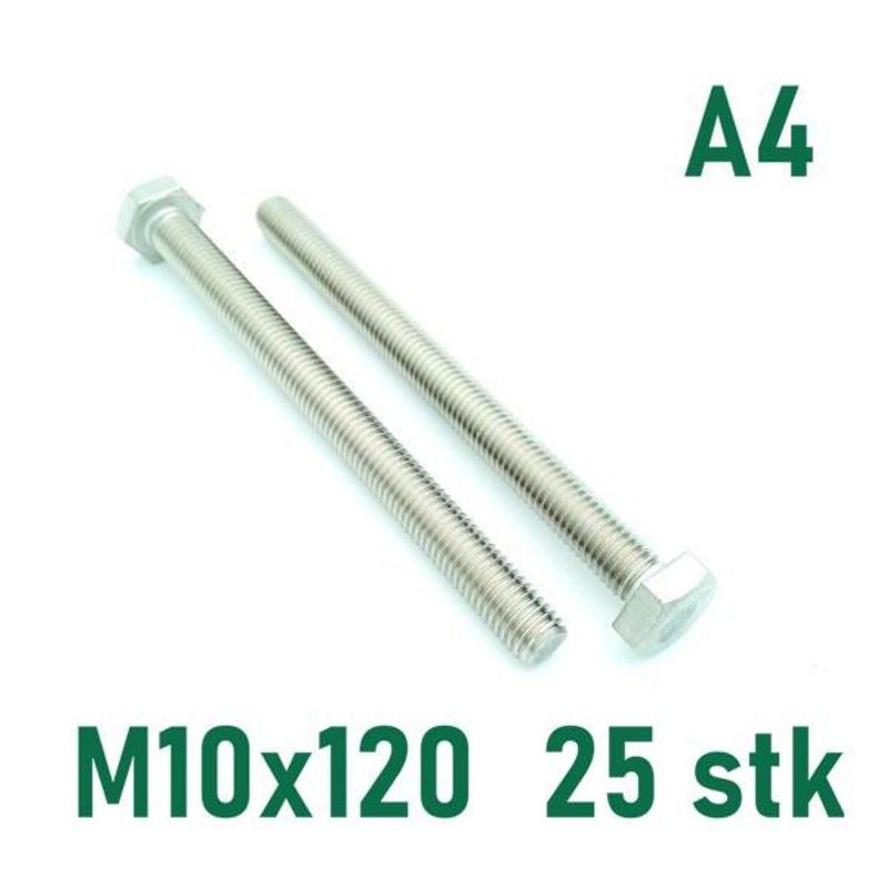 M10x120 Sekskantskrue 25 stk  Syrefast A4