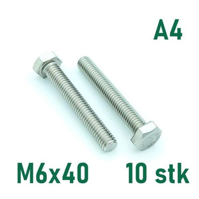 Hovedbilde M6x40 Sekskantskrue 10 stk  Syrefast A4