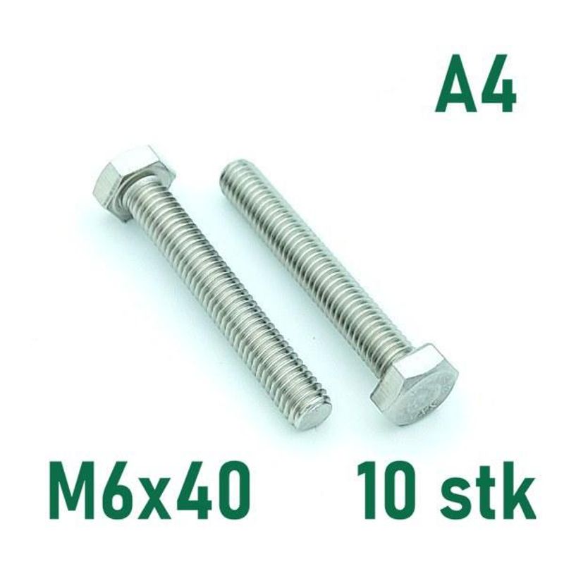 M6x40 Sekskantskrue 10 stk  Syrefast A4