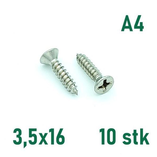 Hovedbilde 3,5x16 Plateskrue 10 stk Senkehode Syrefast A4