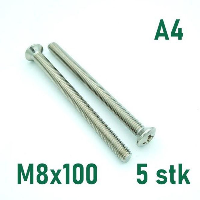 Hovedbilde M8x100 Maskinskrue 5 stk Linsehode Syrefast A4
