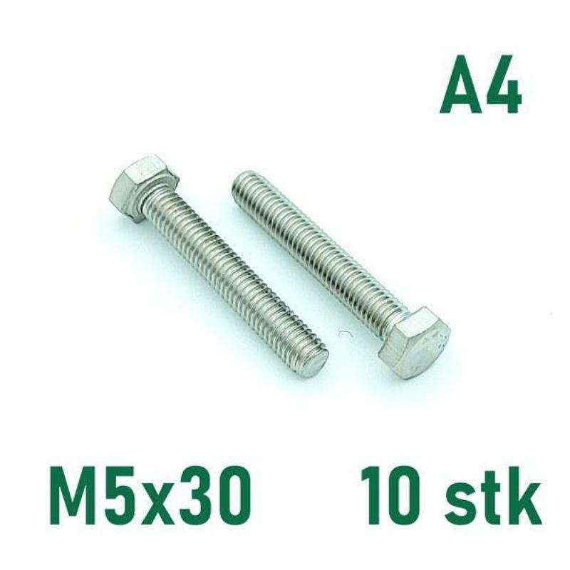 M5x30 Sekskantskrue 10 stk  Syrefast A4
