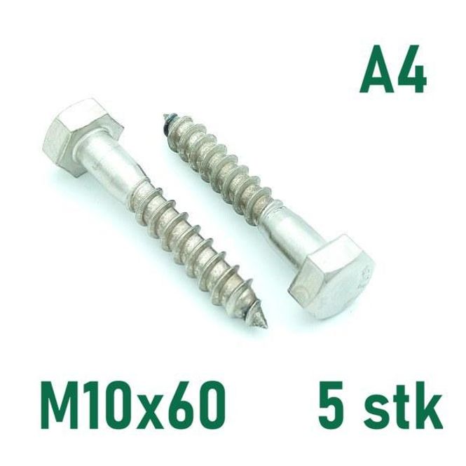 Hovedbilde M10x60 Fransk Treskrue 5 stk Syrefast A4