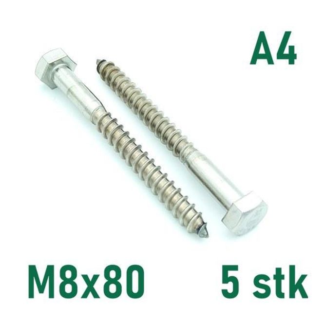 Hovedbilde M8x80 Fransk Treskrue 5 stk Syrefast A4