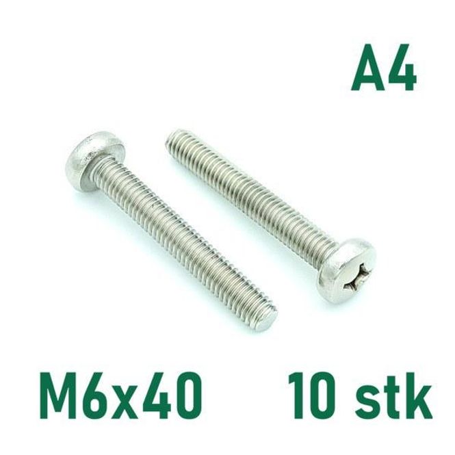 Hovedbilde M6x40 Maskinskrue 10 stk Panhode Syrefast A4