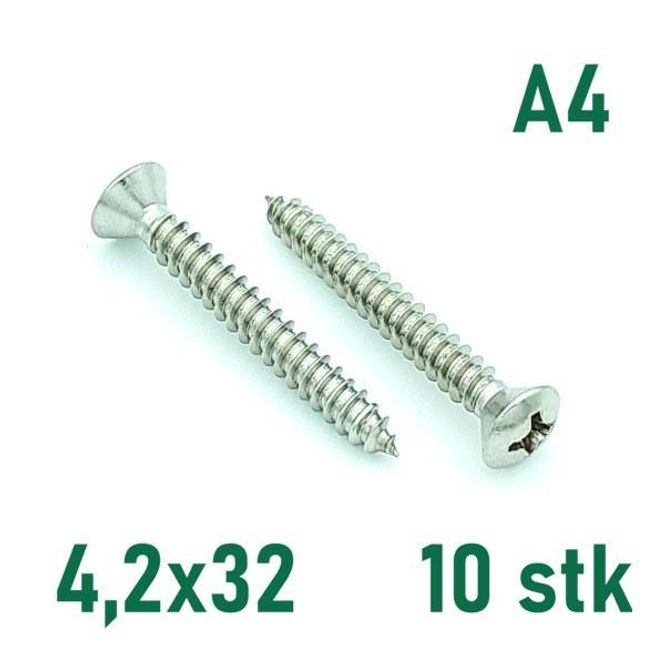 Hovedbilde 4,2x32 Plateskrue 10 stk Linsehode Syrefast A4