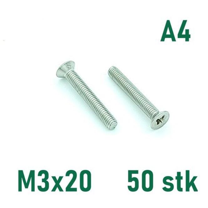 Hovedbilde M3x20 Maskinskrue 50 stk Senkehode Syrefast A4