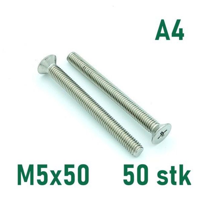 Hovedbilde M5x50 Maskinskrue 50 stk Senkehode Syrefast A4
