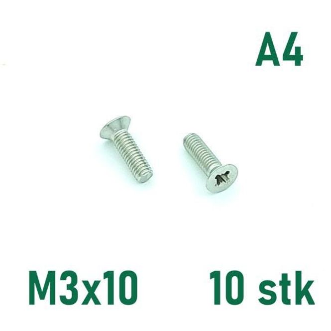 Hovedbilde M3x10 Maskinskrue 10 stk Senkehode Syrefast A4