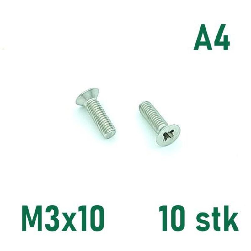 M3x10 Maskinskrue 10 stk Senkehode Syrefast A4