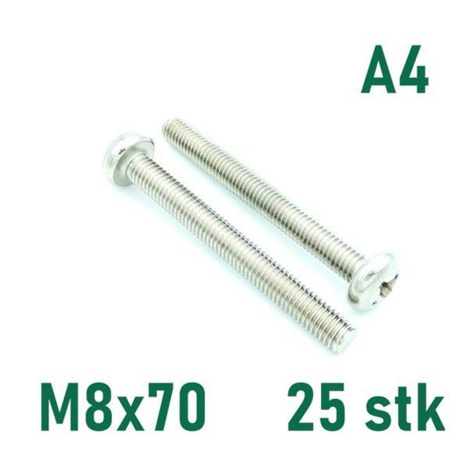 Hovedbilde M8x70 Maskinskrue 25 stk Panhode Syrefast A4