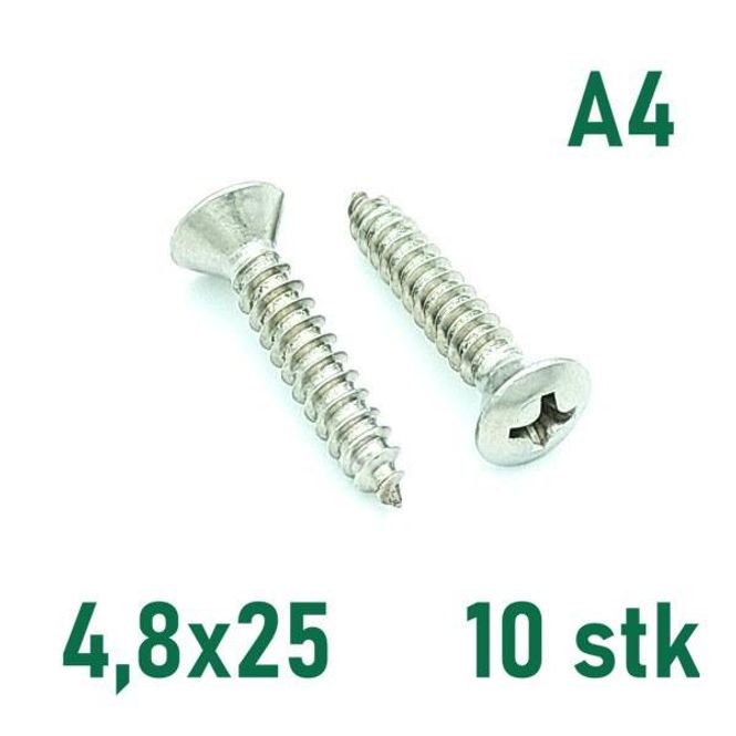 Hovedbilde 4,8x25 Plateskrue 10 stk Linsehode Syrefast A4