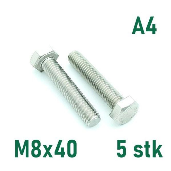 Hovedbilde M8x40 Sekskantskrue 5 stk  Syrefast A4