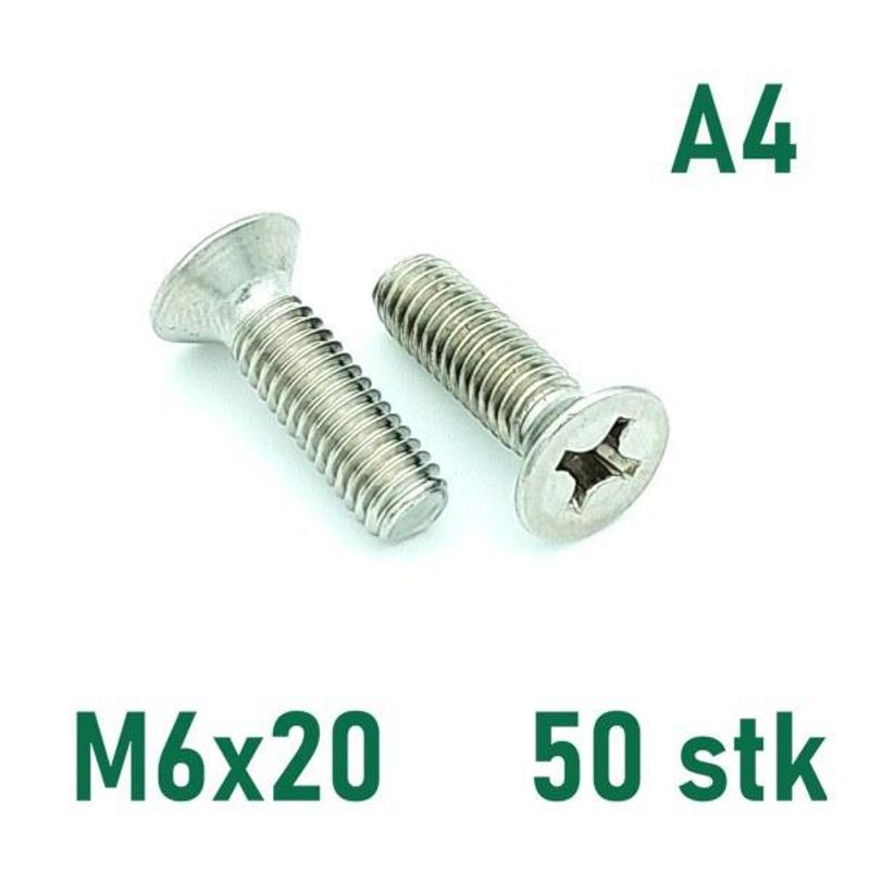 M6x20 Maskinskrue 50 stk Senkehode Syrefast A4