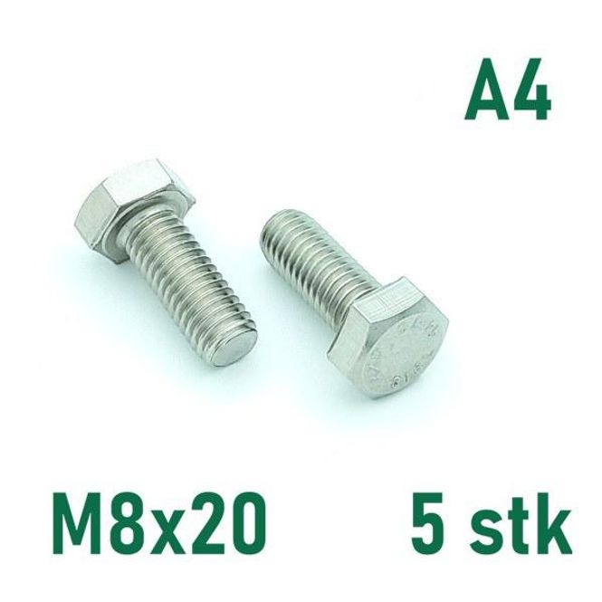 Hovedbilde M8x20 Sekskantskrue 5 stk  Syrefast A4