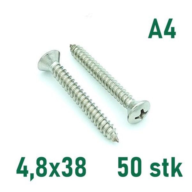 Hovedbilde 4,8x38 Plateskrue 50 stk Linsehode Syrefast A4