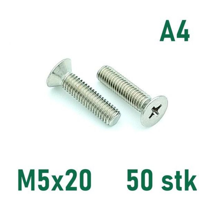 Hovedbilde M5x20 Maskinskrue 50 stk Senkehode Syrefast A4
