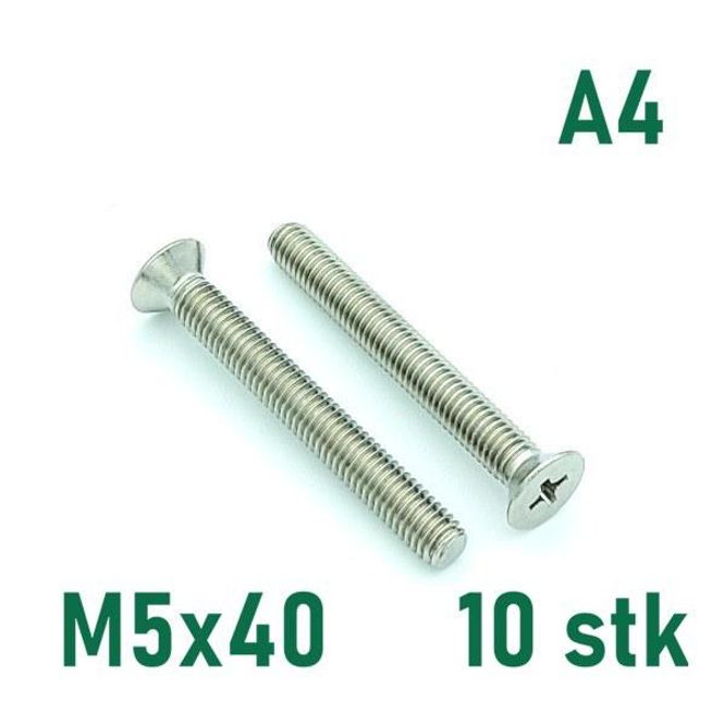 Hovedbilde M5x40 Maskinskrue 10 stk Senkehode Syrefast A4
