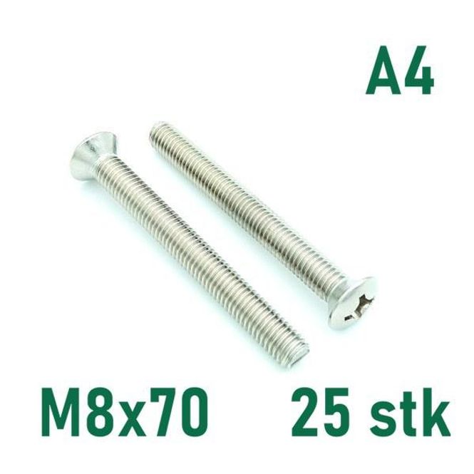 Hovedbilde M8x70 Maskinskrue 25 stk Linsehode Syrefast A4